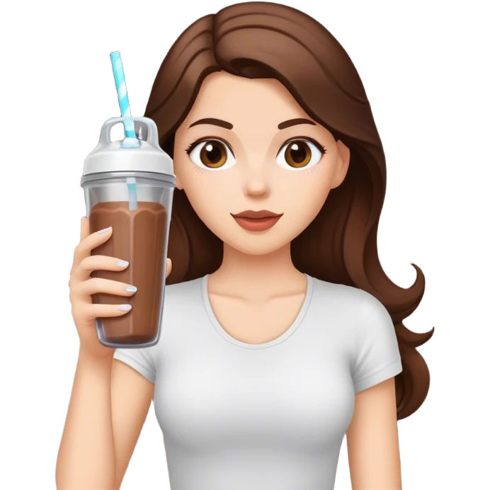 White girl brunette drinking chocolate shake healthy In a shaker bottle emoji