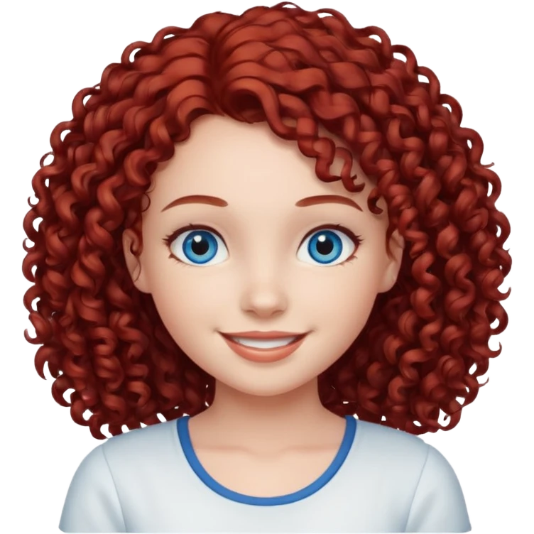 generate a young girl with dark red curly hair, blue eyes. in white top  emoji