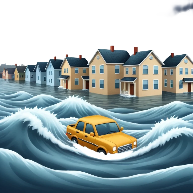 showing a flood disaster scene with strong water waves overflowing streets, partially submerged houses and cars, dark cloudy sky emoji