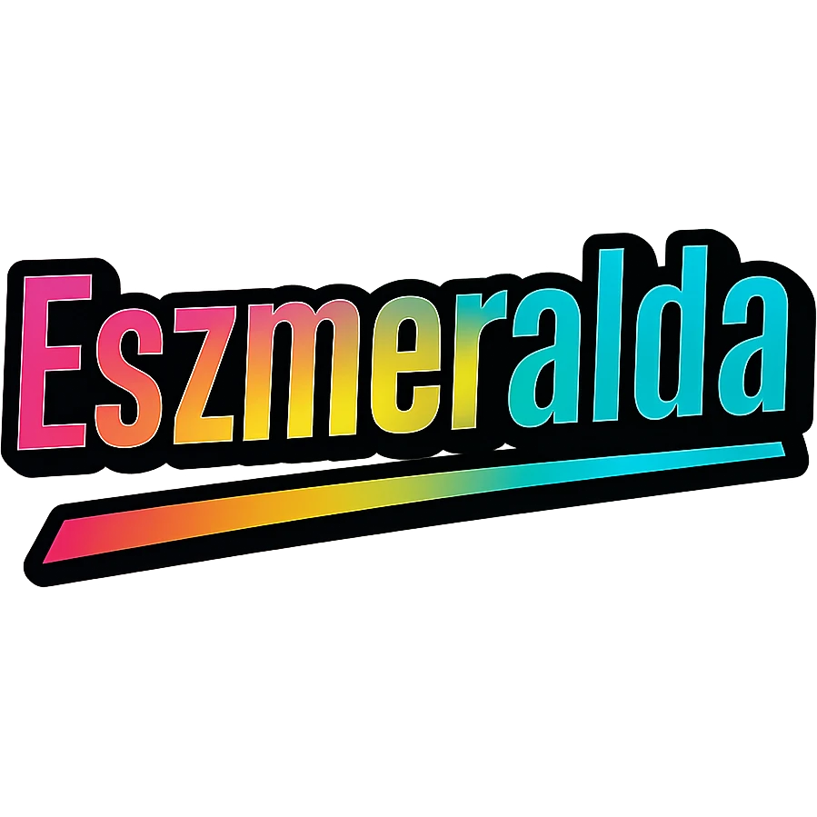 Eszmeralda name in modern gradient font with precise Hungarian characters, dark outline, extra thick, prominent white letter border, dynamic slanted underline, rainbow gradient colors, 1000x1000 px, PNG, transparent background emoji