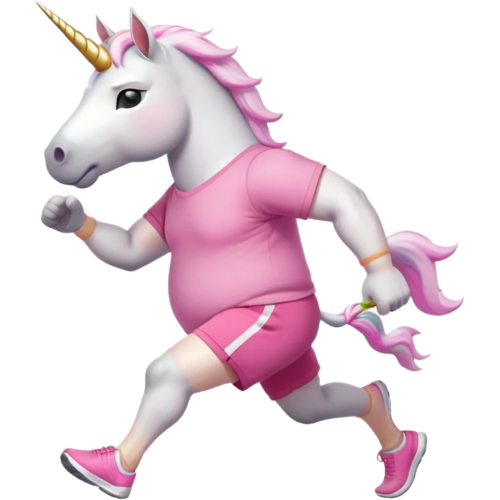 friendly anthropomorphised male white unicorn with an extra chunky, very strong and stocky build, arms and legs matching the white of the head, in grey shorts and pink t-shirt, wearing dark sunglasses, jogging upright in a standard pose emoji