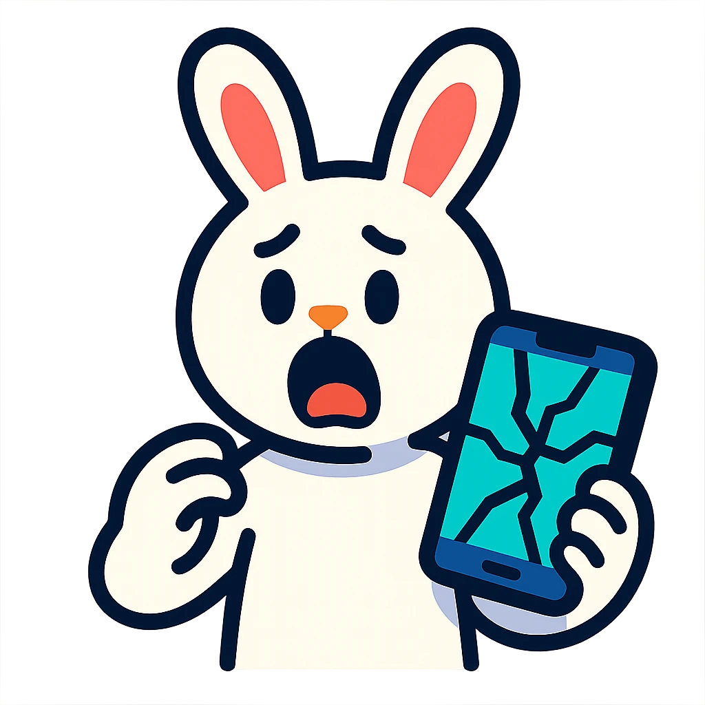 white bunny holding cracked phone with shocked face, vibrant-toon style emoji