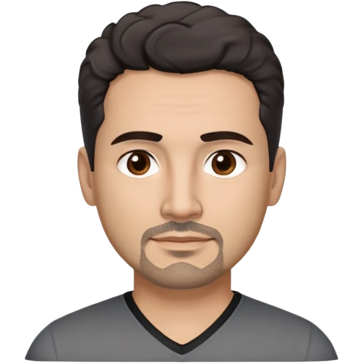 Hispanic man in his 40s with light tan skin. Square face with defined jawline. Warm dark brown eyes with calm gaze. Neutral friendly expression. Thick natural eyebrows. Black goatee with subtle gray hairs. Short curly dark hair with slight receding hairline. Wearing a black V-neck shirt. emoji
