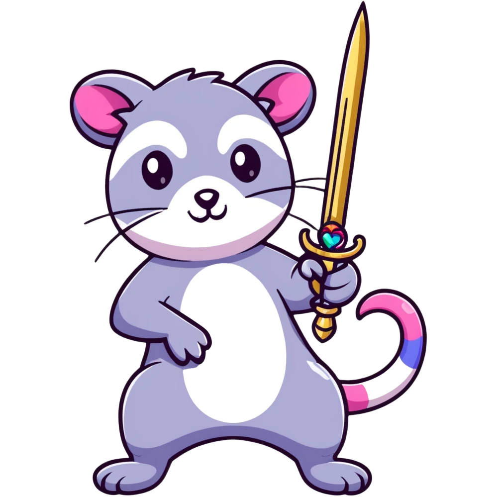 A rainbow-colored possum in heroic pose holding a jewel-encrusted sword, with glitter, hearts, and neon colors emoji