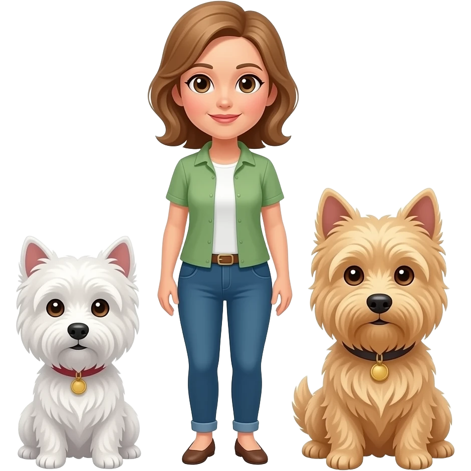 Middle age woman brown eyes , shoulder length light brown hair, with a female westie and a male westie emoji