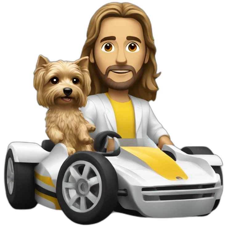 Rio jesus-statue holding a yorkie while driving f1 car emoji