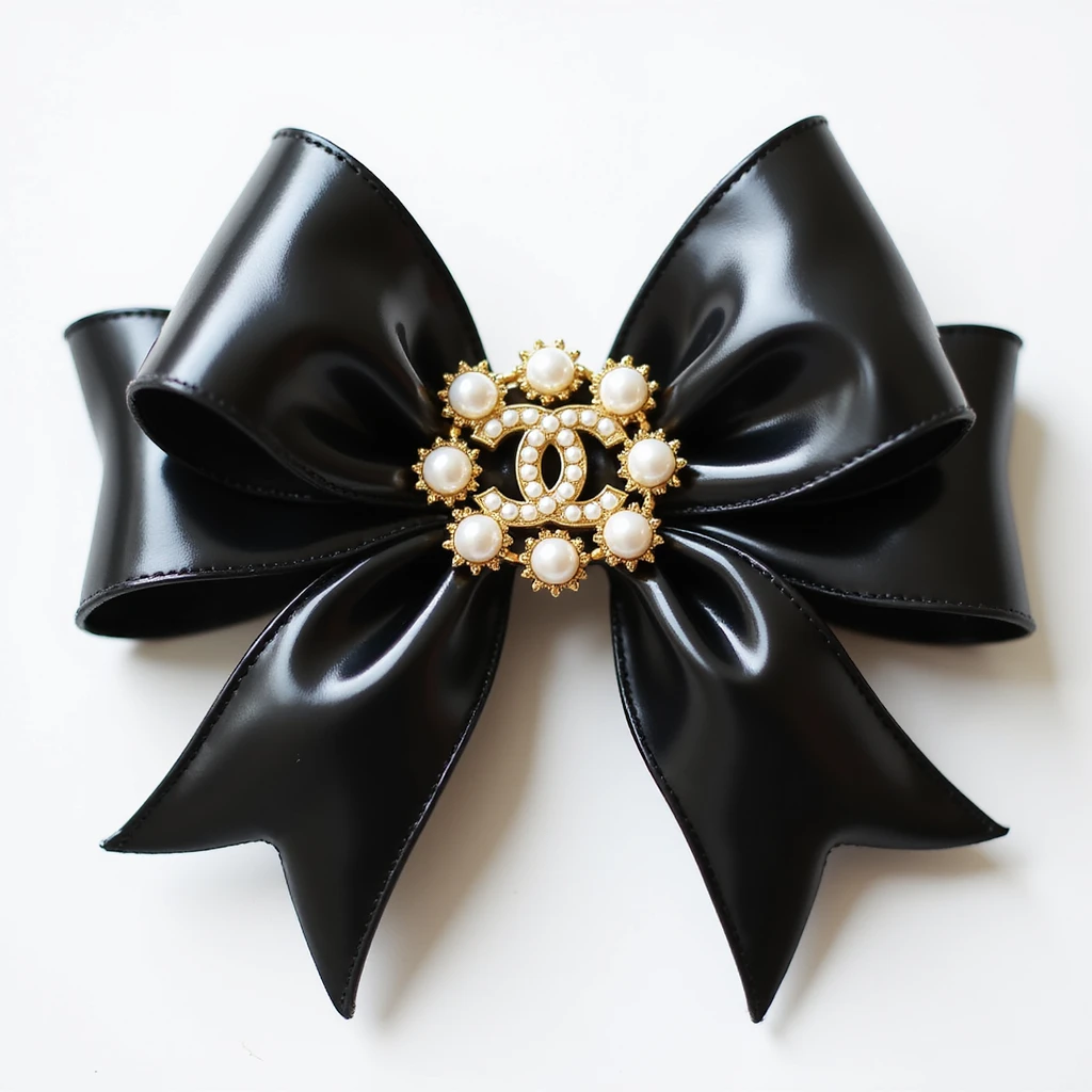 elegant bow with pearls and gold Chanel logo, glossy, black and white, realistic style emoji