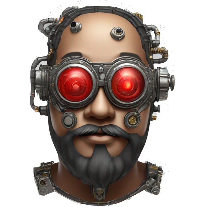 Fat cyborg head with red silver steampunk goggles, black beard and circuits emoji