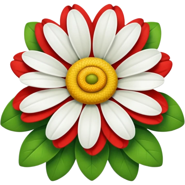 A daisy with ten petals, with green, red and white petals and a yellow centre. emoji