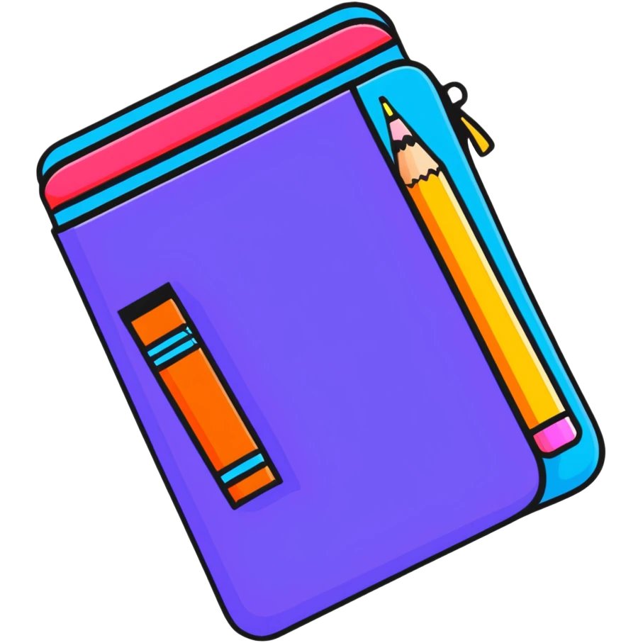 Cute school supplies including colorful pencil case, notebook, pens, and markers emoji