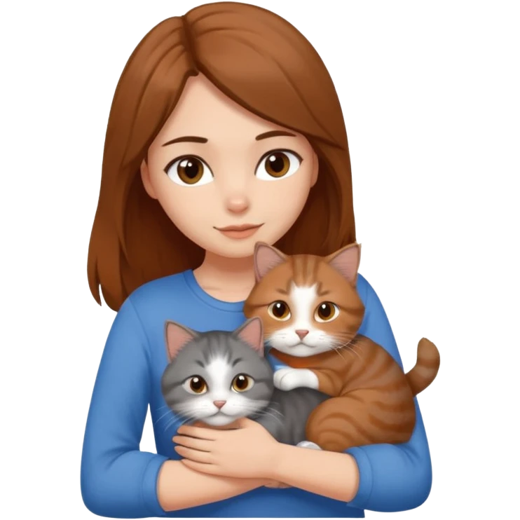 a white girl with brown and hair and a blue top hugging a siberian cat color brown, orange, gray, mixed colors emoji