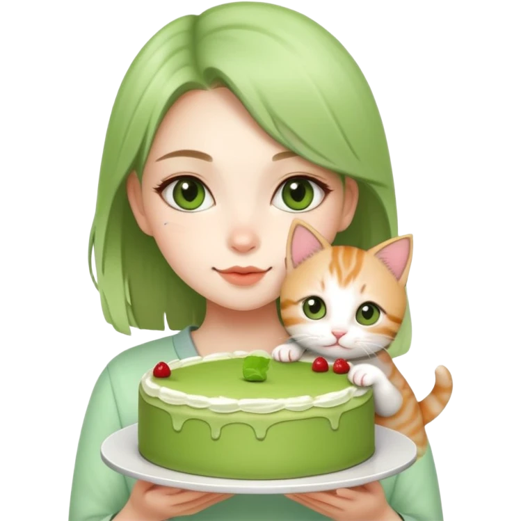 Beautiful girl holding a big matcha cake and a kitten in her hands emoji