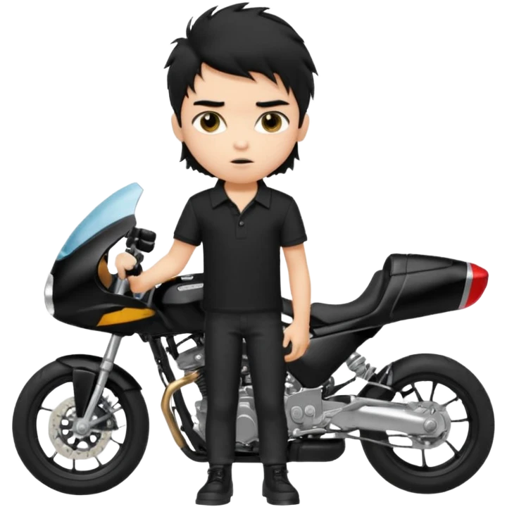 generate a pretty fair bratz boy with a messy mullet (black hair), wearing a BLACK polo.  standing witha superbike emoji
