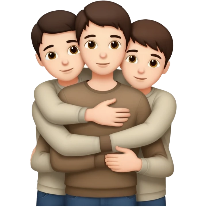 Three young brunette brothers hugging each other emoji