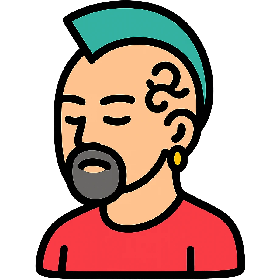 color outline icon of a white man with a goatee, mohawk, earring, and head tattoo emoji