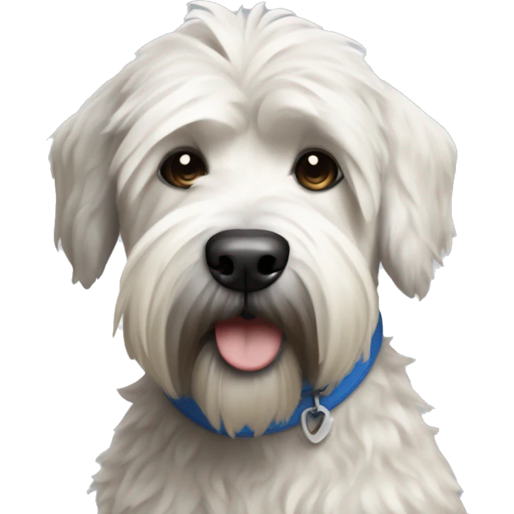 pretty woman blonde hair blue eyes hugging a white and gray soft coated wheaten terrier dog emoji