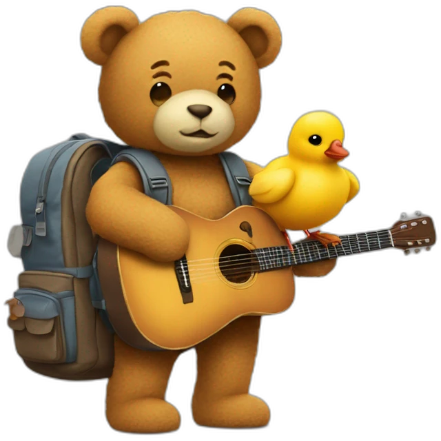 a teddy with a backpack and a guitar holding hands with a chick with a camera and art stuff emoji