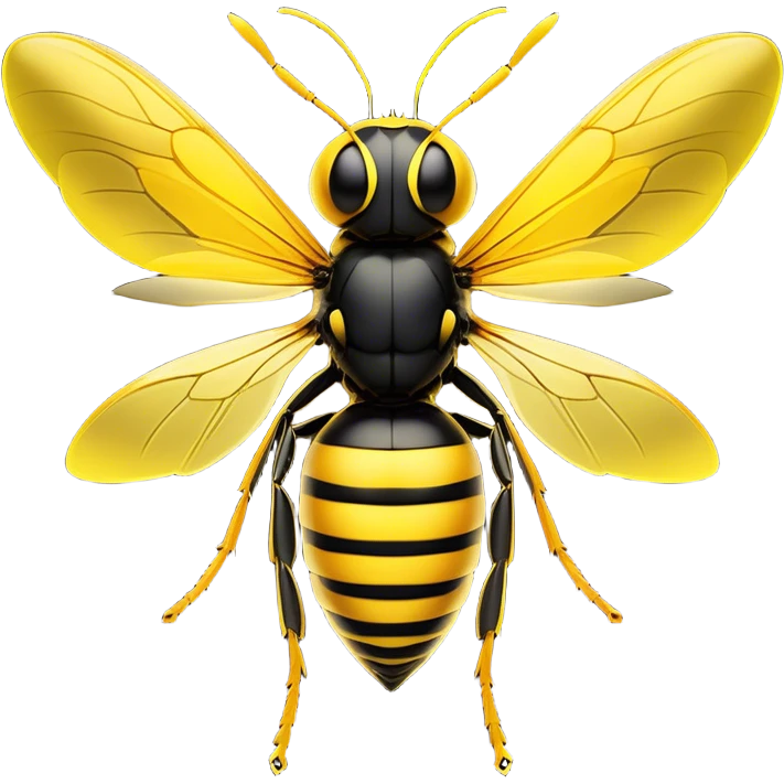 Cinematic Noble Wasp Portrait Emoji, Poised and formidable, with a sleek, slender body in bold yellow and black hues, angular, translucent wings and sharp, focused eyes exuding determined intensity, Simplified yet strikingly defined features, highly detailed, glowing with a cool, assertive radiance, high shine, intelligent and vigilant, stylized with an air of natural precision, focused and alert, soft glowing outline, capturing the essence of a watchful wasp that appears ready to buzz out of the screen with commanding presence! emoji