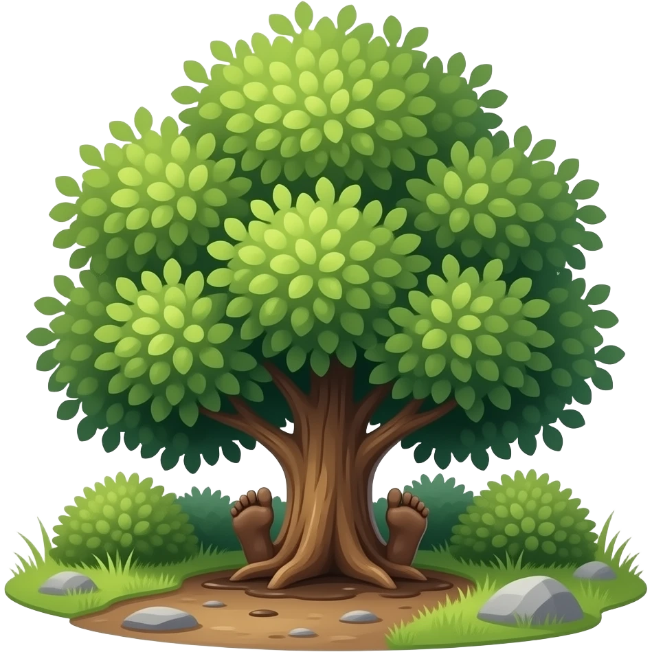 Muddy feet peaking out from under the branches of a lush green bush situated by a hiking trail emoji