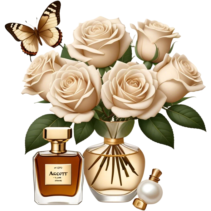 A bouquet of white Ascott tea roses next to a beige aesthetic and a brown beautiful butterfly and a gold silk ribbon and a beautiful flacon of aesthetically pleasing vintage-style perfume in pearl color emoji