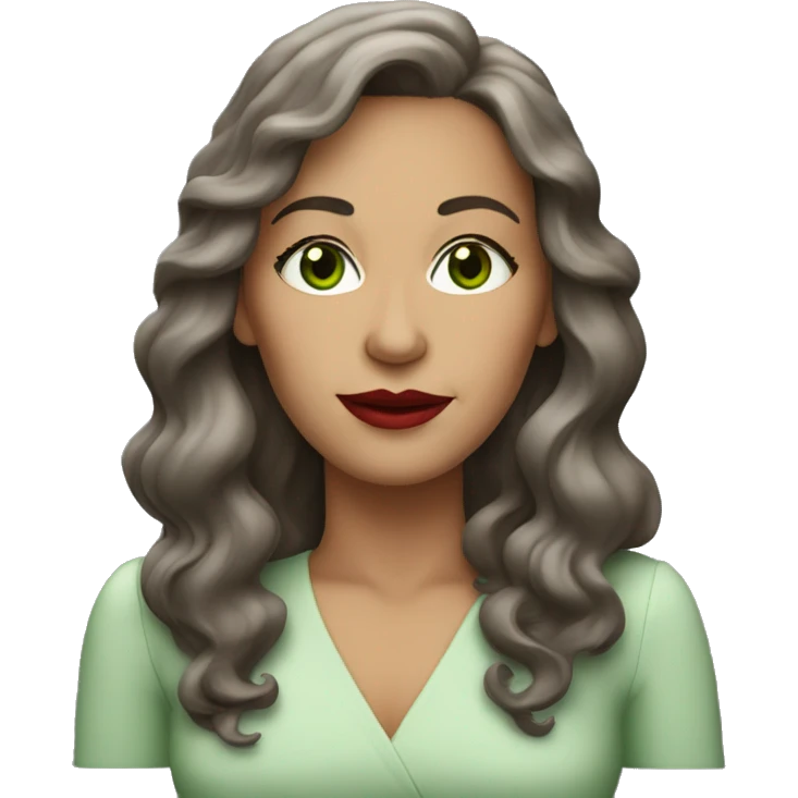 50 year old woman with long wavy brown hair and green eyes and red lipstick emoji