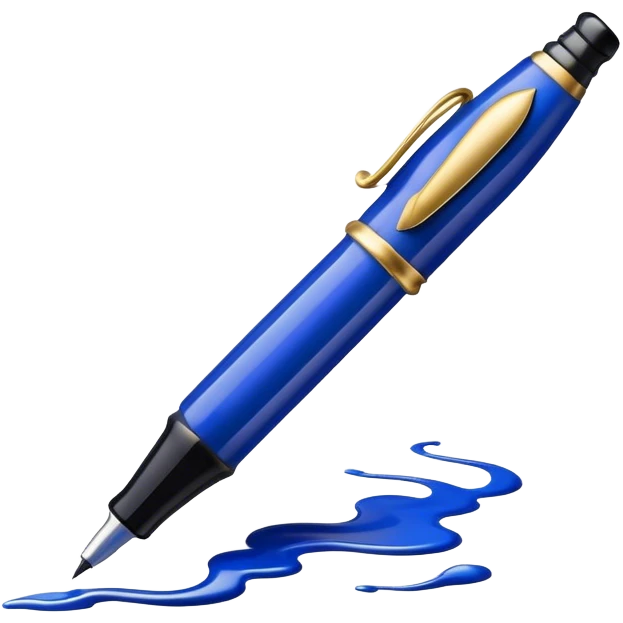 Create a vibrant emoji featuring a classic ink pen (fountain pen) as the main symbol of prose writing. The design should highlight the elegant curves of the pen, with ink flowing from the nib onto a blank page or scroll. Use deep ink blue, black, and subtle metallic accents to convey sophistication and creativity. The emoji should be simple yet striking, representing the art of storytelling. Make the background transparent. emoji
