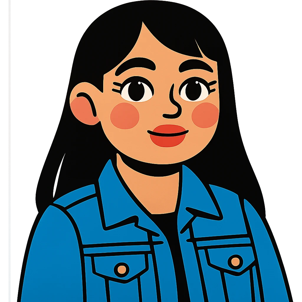light skinned girl with round, slightly upturned brown eyes with long lashes, medium sized full blush colored lips, slightly chubby cheeks, long straight black hair, wearing a trendy denim jacket emoji