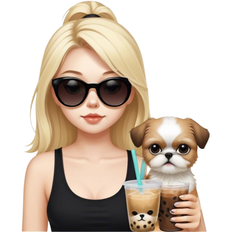 Blonde girl with pale skin and long hair with black cat eye sunglasses in black tank top holding boba tea and holding tan Shih Tzu  emoji