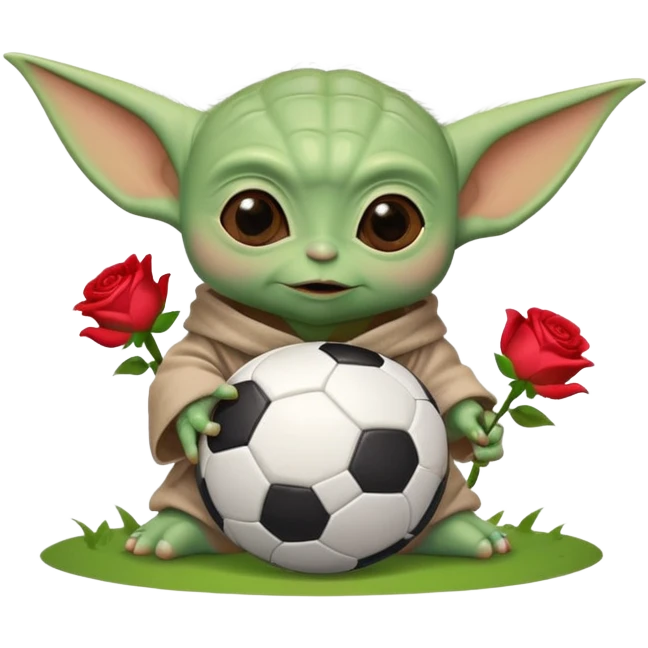 baby Yoda kicking a soccer ball with small roses beside him emoji