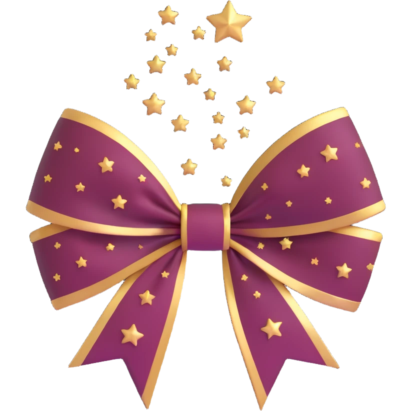 sparkly burgundy bow with gold outline, a heart in the center, and small stars emoji
