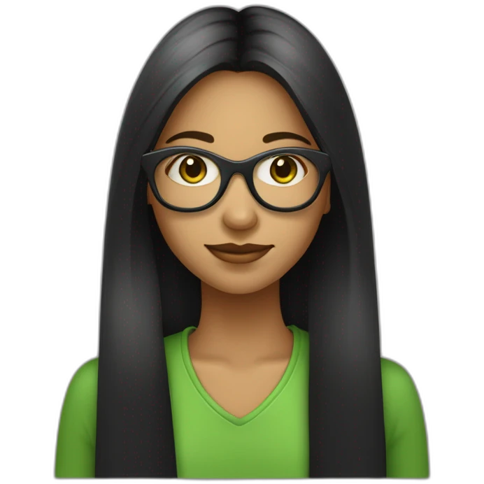 une fille avec de long cheveux noir lisse , et avec des lunette (en forme de carrer un peu déformé) assez grosse comparer a ça tête ,et elle a des yeux vert emoji