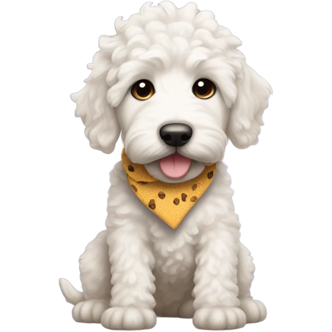 White labradoodle puppy with “cone collar” around neck and sock knots right front paw emoji