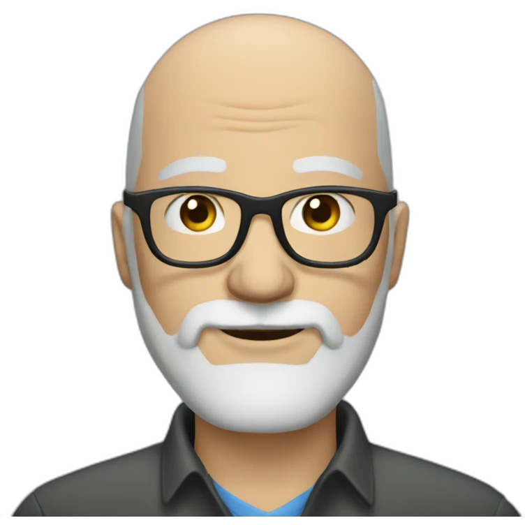 Bald slightly older guy with blue eyes and dark grey beard and glasses emoji