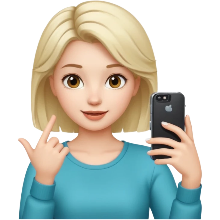 girl holding a phone, recording herself, selfie pose, cheerful expression, modern hairstyle, casual outfit emoji