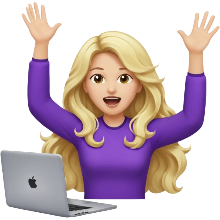 lady with long blonde wavy hair, purple top throwing her with a laptop hands in the air screaming emoji