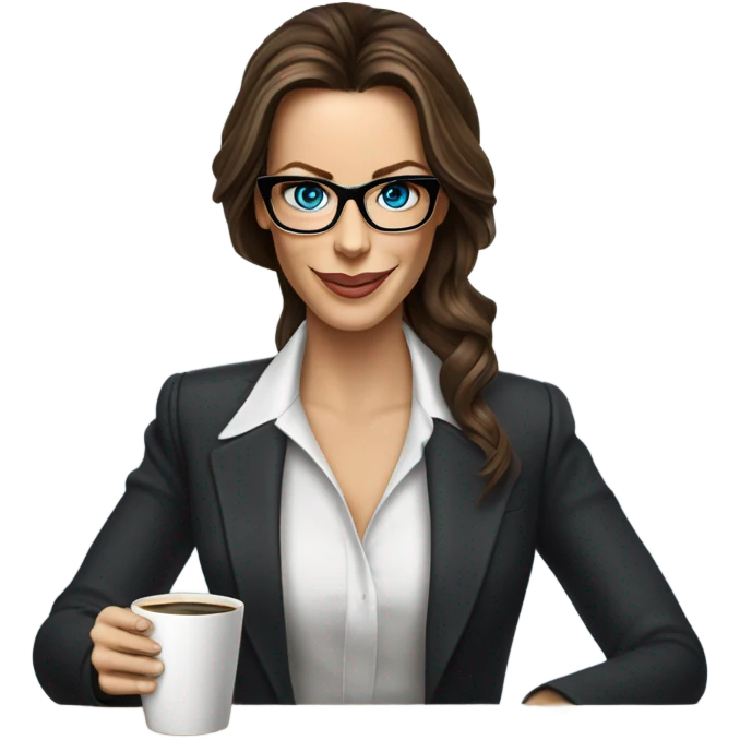 Hyper Realistic Kate Beckinsale blue eyes wearing glasses in a business dress drinking coffee happy  emoji