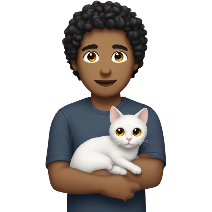 Guy with short black curly hair holding a cat emoji