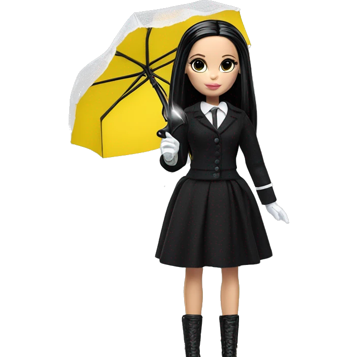 Stunning in the Spotlight Barbie, teen Wednesday Addams,showing off, show full body,accessories  gloves funeral veil, umbrella  emoji