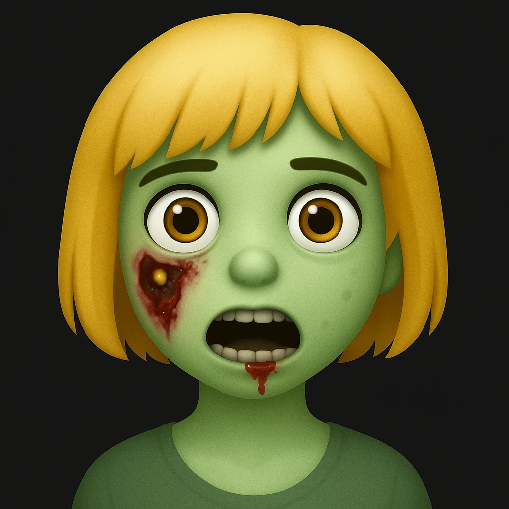 Create a girl zombie with short blonde hair in the style of apple emojis, highlighting the short blonde hair and zombie features. emoji