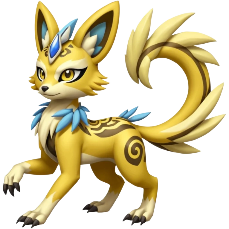 Tribal Exotic Meloetta-Zeraora-Lombax-Renamon-Protogen-Palkia-hybrid-fusion-Fakémon-creature, full body emoji