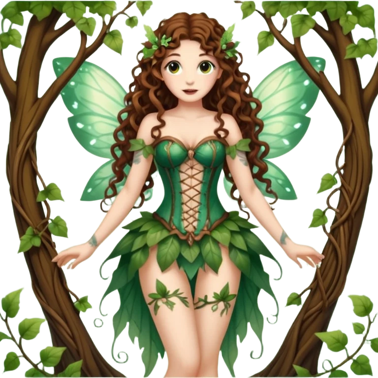 full body woman long curly brown hair brown eyes white skin tattoos dressed as glowing forest fairy with translucent wings and vine corset emoji
