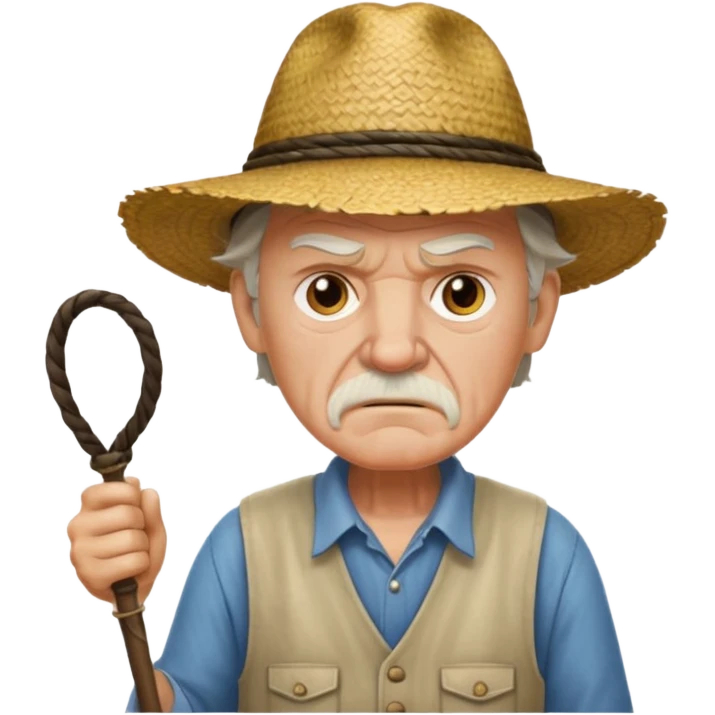 white old farmer with whip angry at black man with straw hat emoji