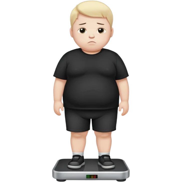 sad fat young boy in black t shirt on weight scale  emoji