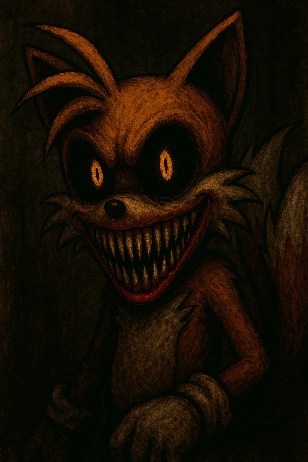 Tailsanator.OBM from Sonic the Hedgehog, a scary version of Tails with black eyes and yellow-orange pupils, dark orange fur, stretched pointy teeth, mouth with red lips, horror vibe, menacing and creepy expression emoji
