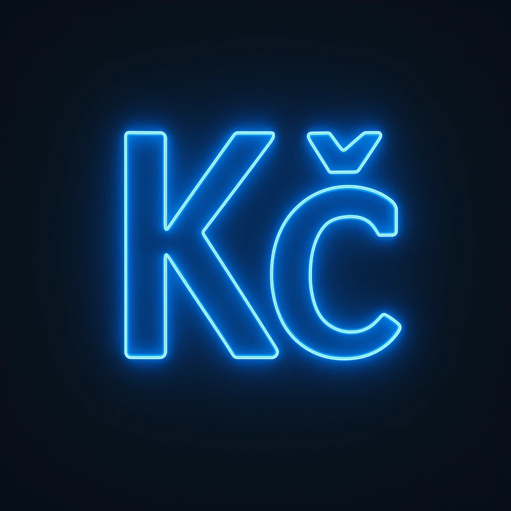 Czech koruna sign (Kč) emoji, neon-blue style, electric-blue glow, smooth lines, techy aesthetic, dark background. emoji