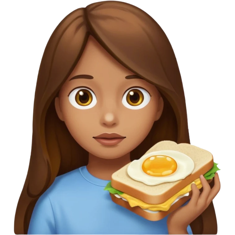 Girl with brown long hair stuffed her face with egg sandwich all over her face emoji