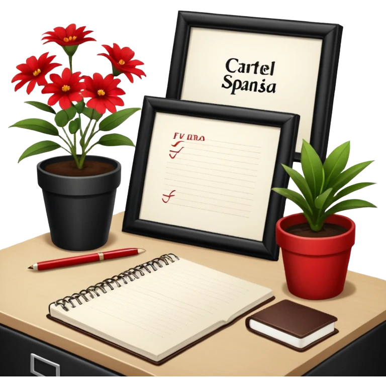 Cartel en español que diga F U E R A    D E    O F I C I N A y detrás un escritorio moderno, con una notebook, una agenda y una planta con una flor emoji