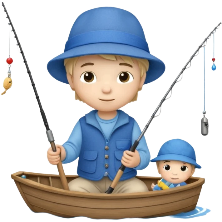 Little boy on a little boat fishing, felt texture, scrapbooking, precious moments style character emoji
