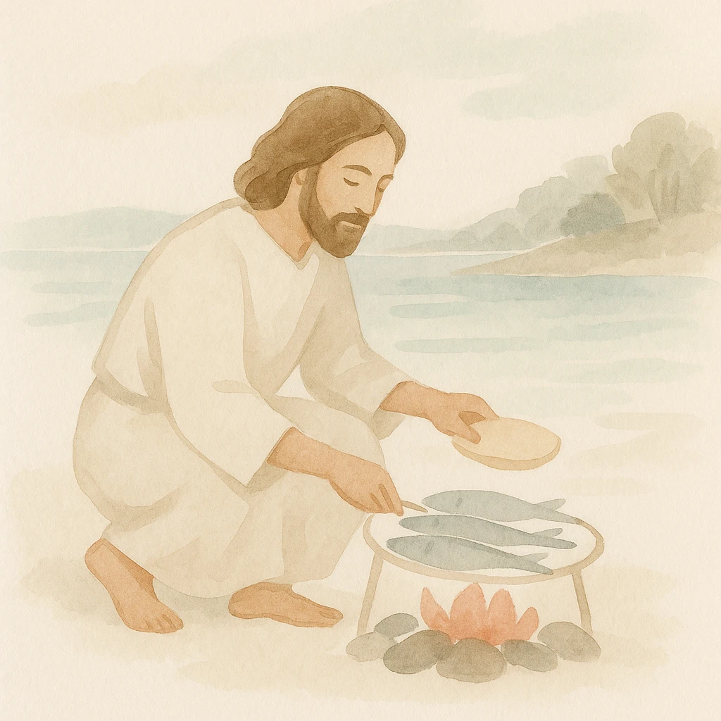 Jésus préparant un barbecue de poissons et de pain pour ses disciples, Jean 21, style aquarelle, atmosphère paisible au bord du lac emoji