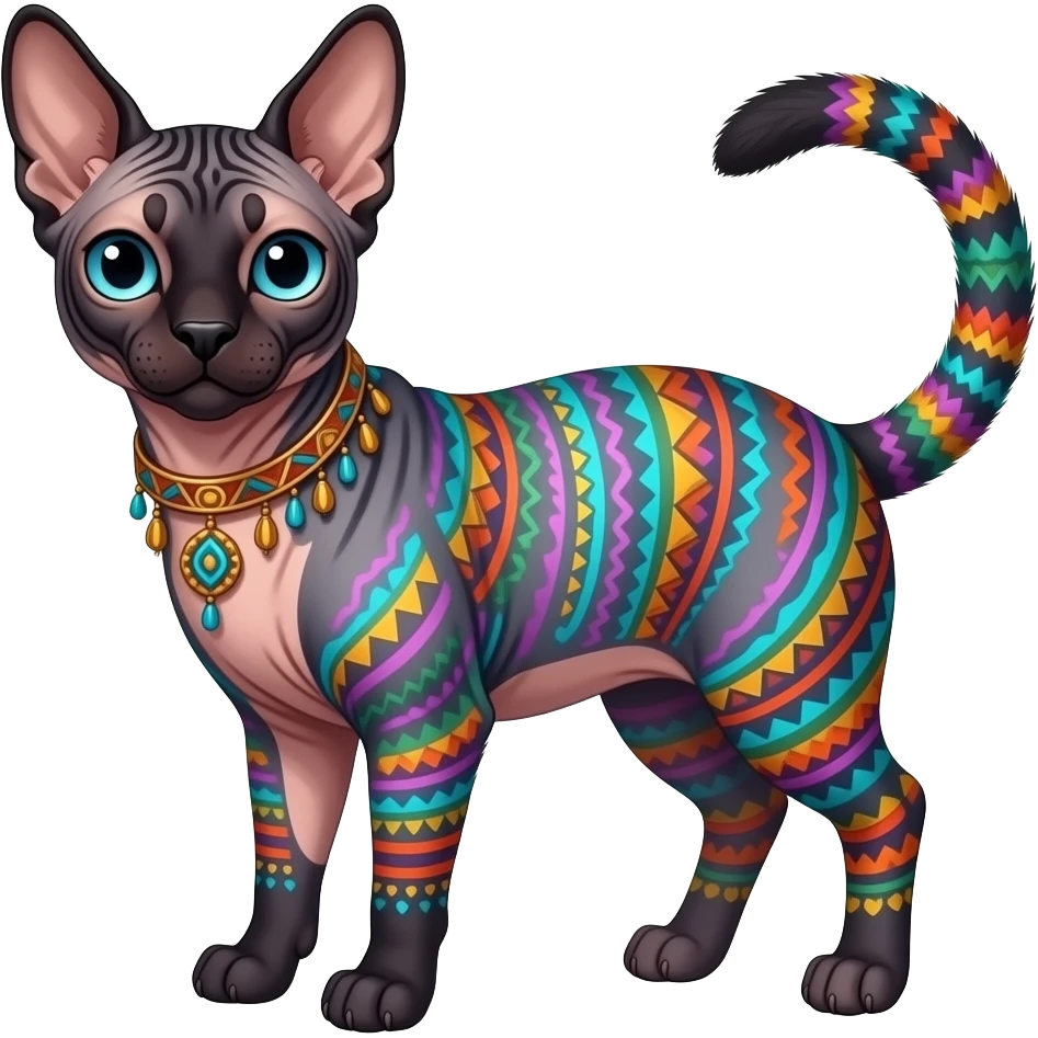 A Colorful exotic tropical tribal cute happy realistic esoteric patterned fluffy furry dark caracal-Lykoi-bobcat-sphynx-genet-serval-Fakémon-fursona-hybrid-fusion-animal-creature, full body, 4-legged emoji